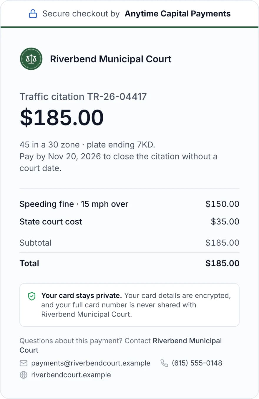 Secure checkout by Anytime Capital Payments for Riverbend Municipal Court: traffic citation TR-26-04417, $150.00 speeding fine plus $35.00 state court cost, $185.00 total