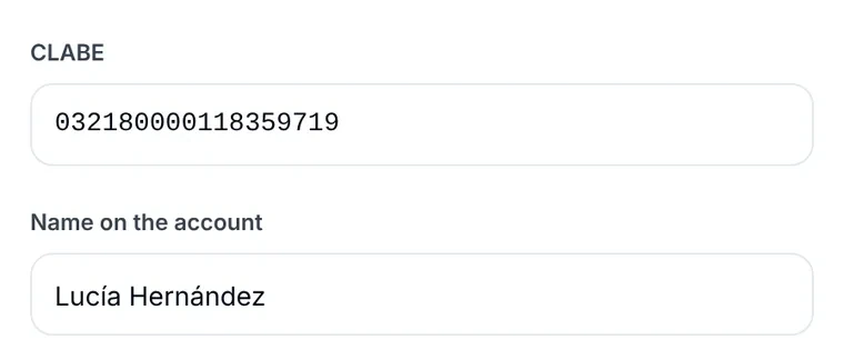 Anytime Capital product view: a SPEI payout form with an 18-digit CLABE and the name on the account