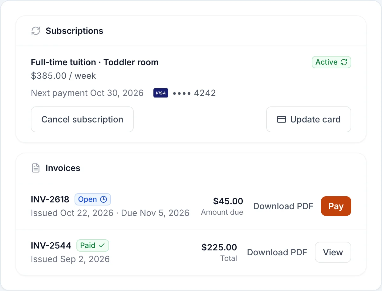 A family's billing page: an active $385-a-week tuition plan on a Visa card with Update card and Cancel buttons, and two invoices, one open with a Pay button