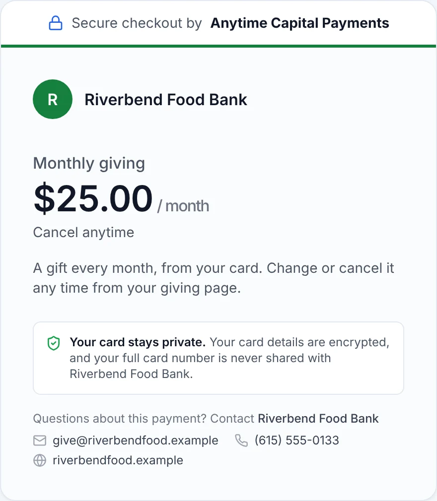 Anytime Capital checkout for Riverbend Food Bank monthly giving at $25 a month, cancel anytime