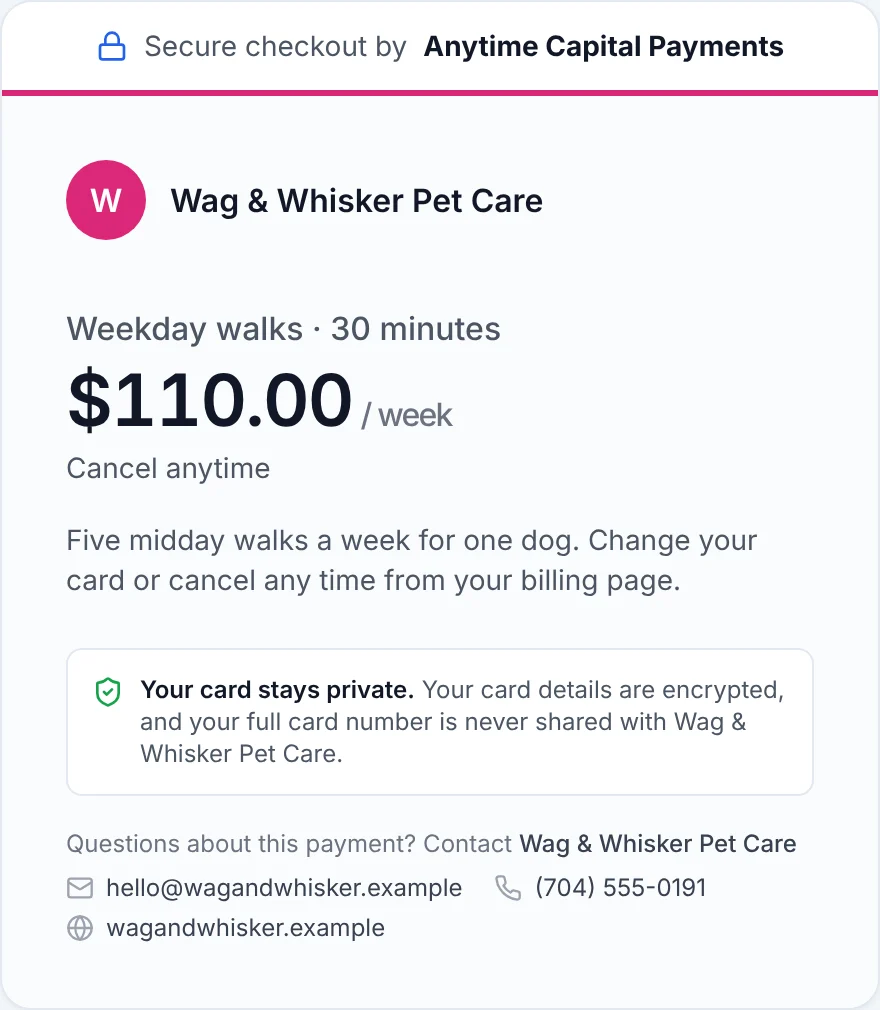 Anytime Capital checkout for weekday dog walks at Wag & Whisker Pet Care, $110 a week, cancel anytime