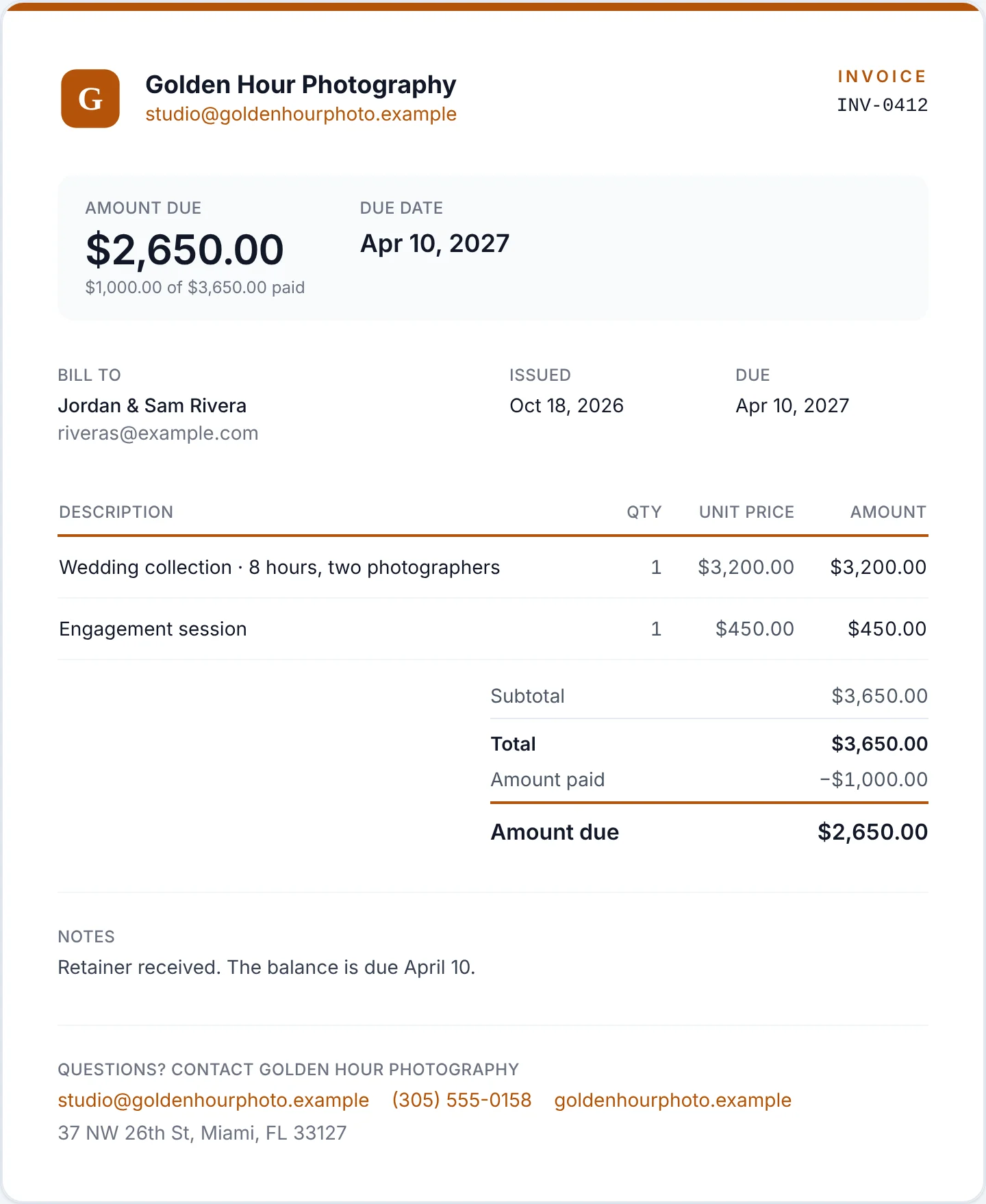The same invoice after the retainer: $1,000 of $3,650 paid and $2,650 due April 10, 2027