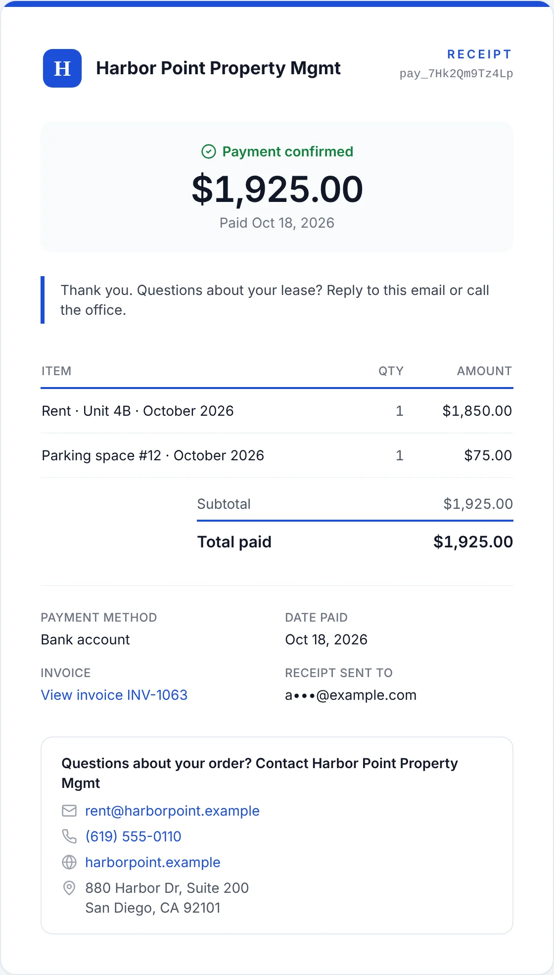 Harbor Point receipt for $1,925 of October rent and parking, paid by bank account, linked to invoice INV-1063