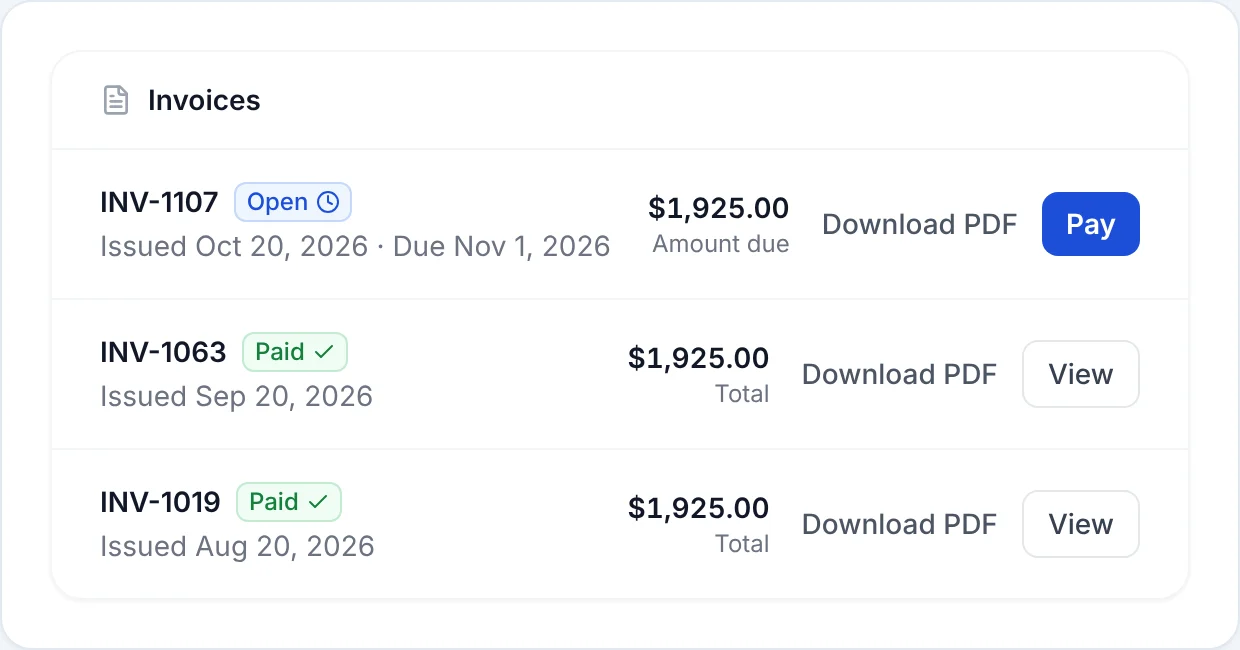 A tenant's billing page listing three rent invoices: November open with a Pay button, September and August paid