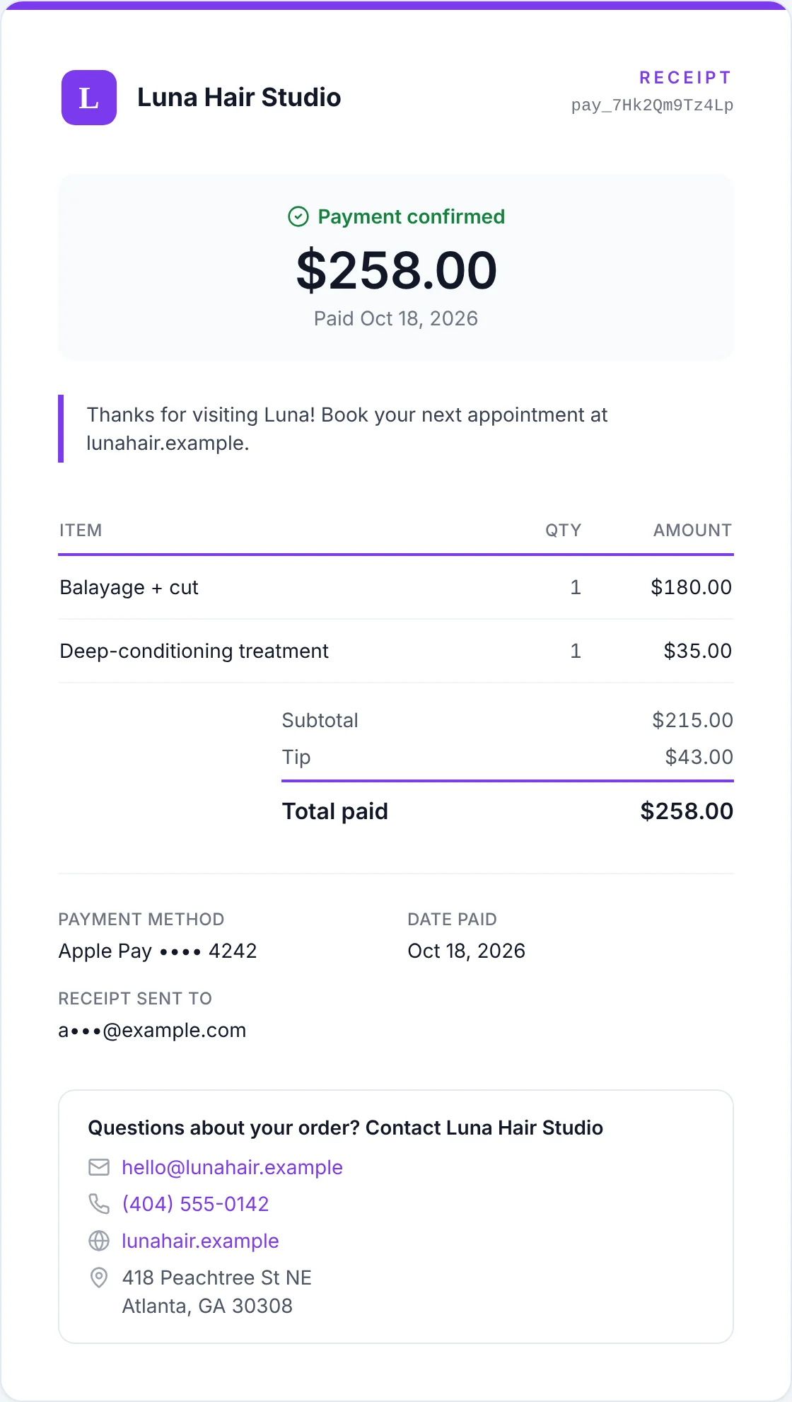Luna Hair Studio receipt for $258: balayage and cut, a deep-conditioning treatment and a $43 tip, paid with Apple Pay