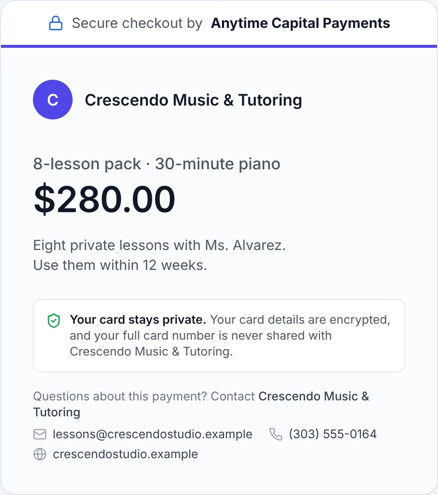 Anytime Capital checkout for a $280 pack of eight 30-minute piano lessons at Crescendo Music & Tutoring