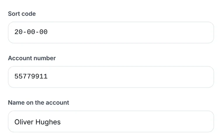 Anytime Capital product view: a UK payout form with the sort code, the eight-digit account number and the name on the account