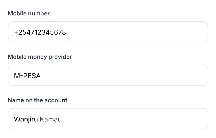 Anytime Capital product view: a mobile money payout form with a Kenyan mobile number, M-PESA as the provider and the name on the account